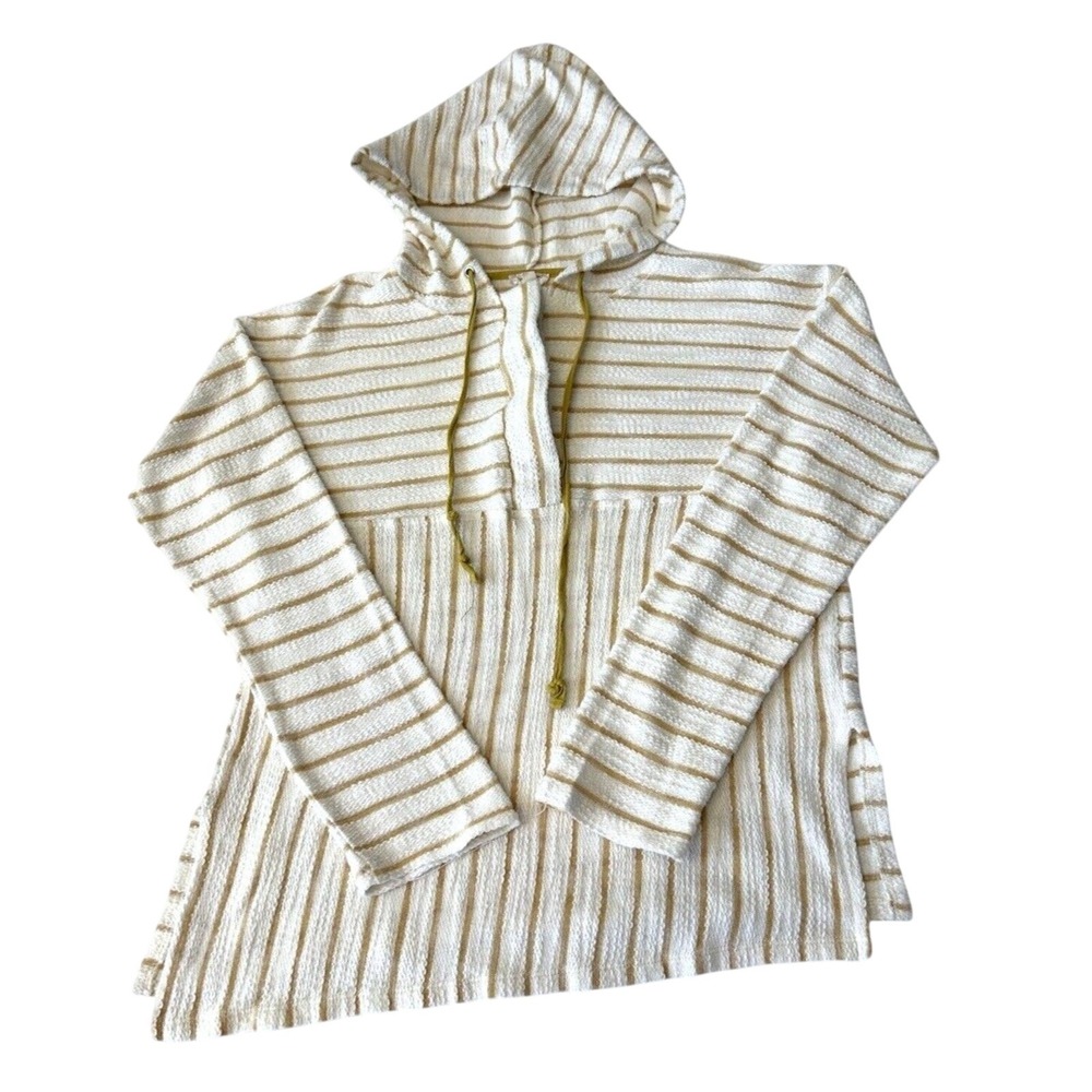 HEM & THREAD Women's Pullover Hooded Top Size L Striped Cream/Yellow Lightweight